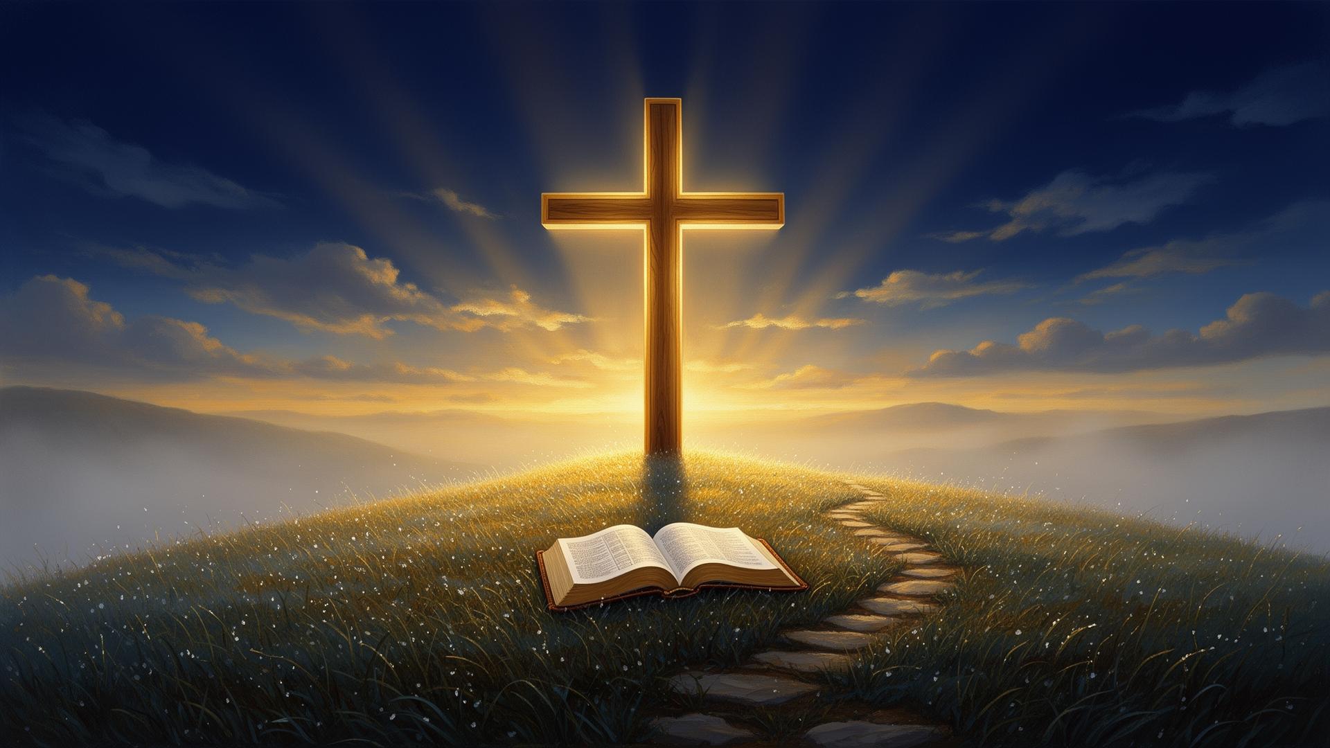 Cross on a hill with an open Bible and stone path leading to it